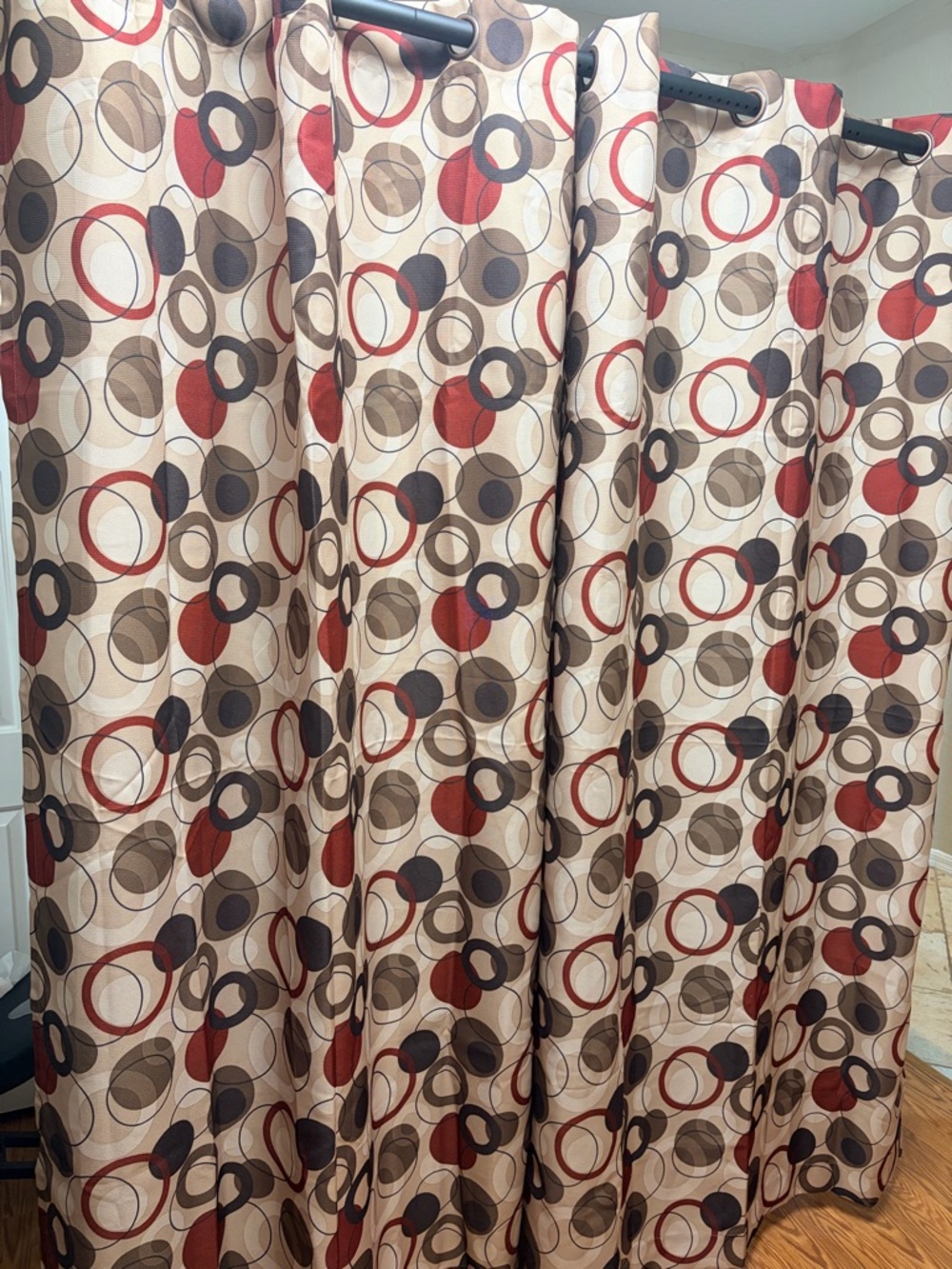 Set of 2 Beige Curtain Panels with Red and Brown Circle Print